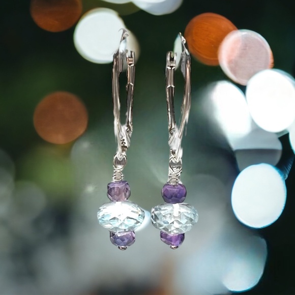 Natural Sky Blue Topaz, Purple Sapphire Earrings Handcrafted Sterling Silver - Picture 7 of 7